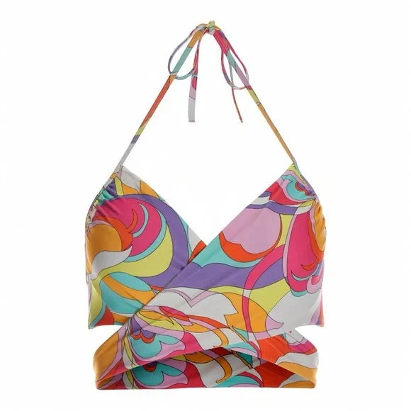 Carmen Marc Valvo by BOSTON PROPER Underwire Wrap Sunset Waves Print Bikini Top - Picture 7 of 13